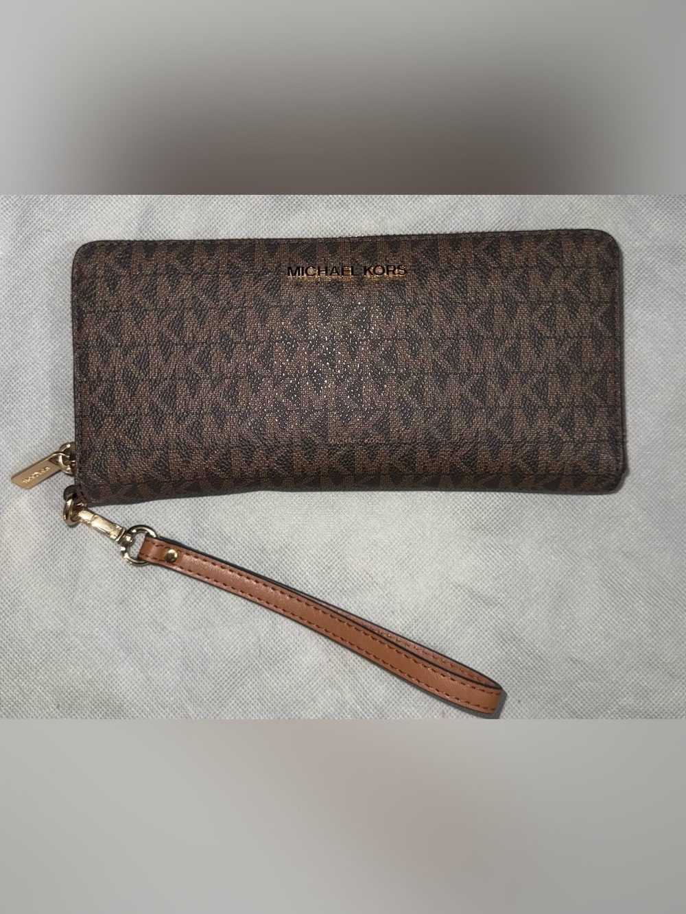 Michael Kors Brown Monogram MK Signature Zip Wristlet Wallet with Tan Strap